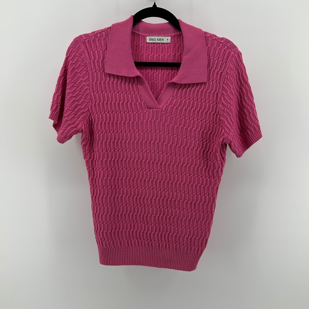 Grace Karin Pink Textured Knit Polo Sweater Top Med Preppy Barbiecore Retro Golf